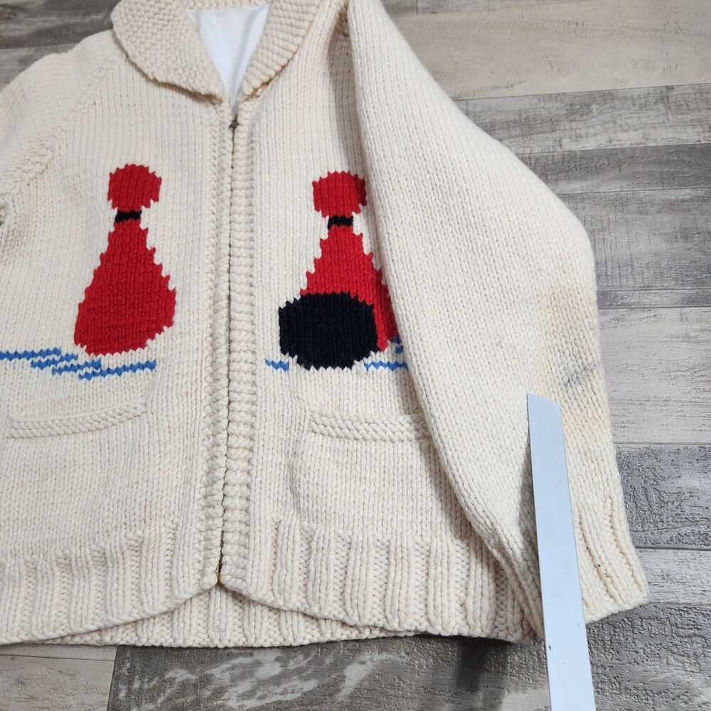 Bowling Cowichan Sweater 1950s Hand Knit Lined Wool Cardigan Talon Zip Pinup  M - Picture 12 of 16